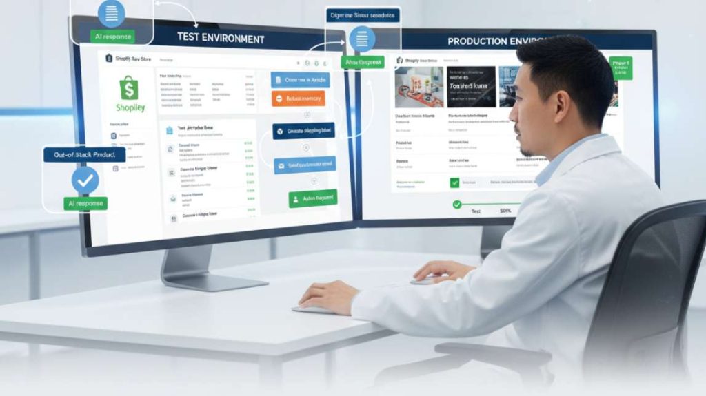 A professional looking at dual monitors showing a "Test Environment" and a "Production Environment" for Shopify workflows.
