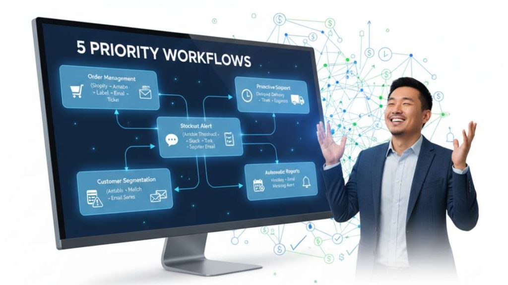  A man celebrating in front of a screen summarizing the 5 priority workflows: Order Management, Stockout Alert, Support, Segmentation, and Reports.