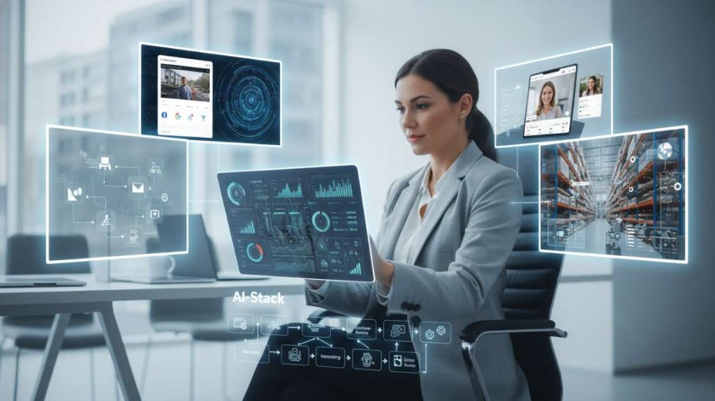 A woman in a modern office managing inventory and ad campaigns via a tablet integrated with AI ecommerce automation.