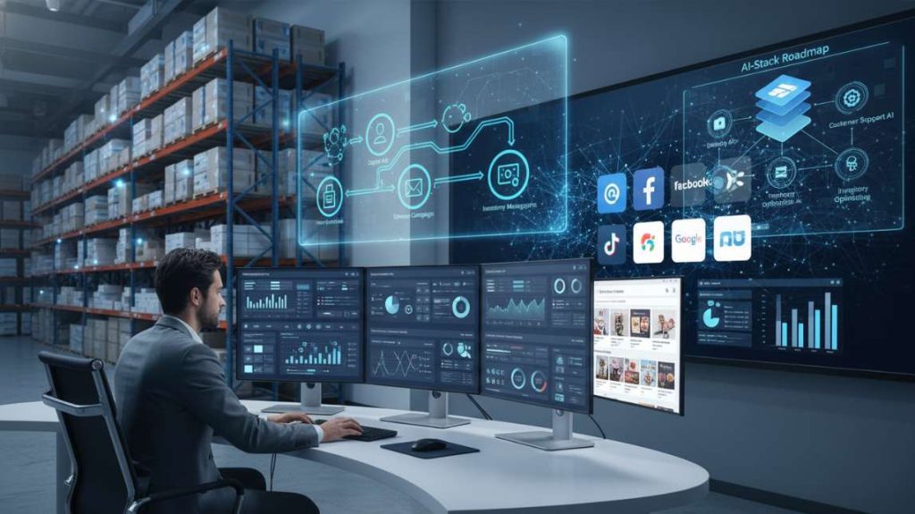 A man in a warehouse environment monitoring large analytics screens displaying an AI ecommerce automation roadmap.