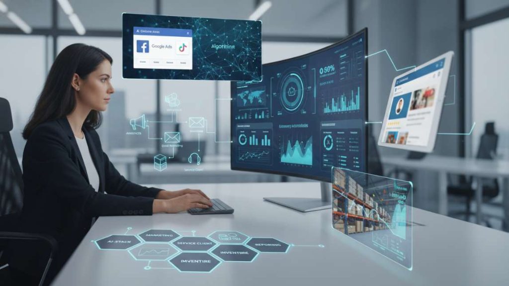 A professional woman interacting with holographic screens and social media icons powered by AI ecommerce automation.