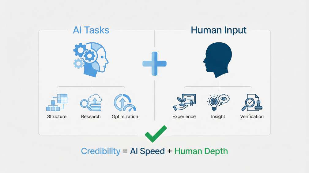AI versus human tasks comparison diagram for SEO content creation showing complementary roles