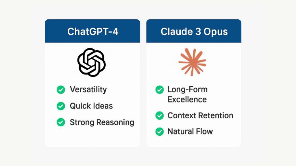 ChatGPT-4 versus Claude 3 Opus comparison for AI content creation showing key features and use cases