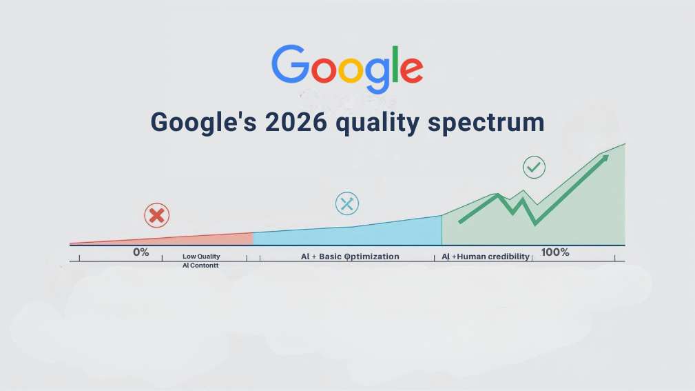 Google quality scale for AI SEO content showing penalty zone to performance zone with credibility approach