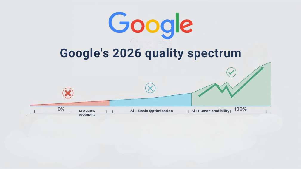 Google quality scale for AI SEO content showing penalty zone to performance zone with credibility approach