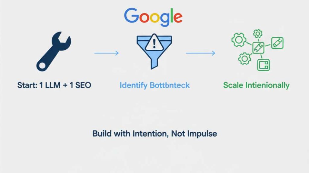 Progressive AI tool stack building strategy diagram showing minimal start to intentional scaling