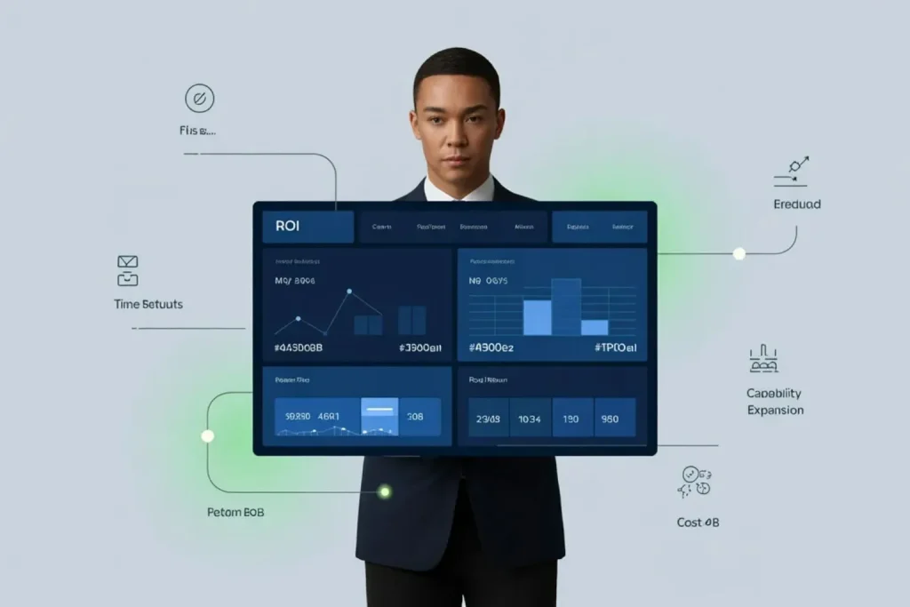 AI automation ROI calculation framework showing 3 components for measuring business value