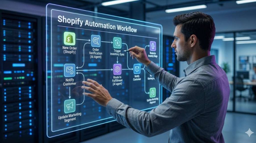 A developer managing complex shopify automation workflows on a transparent touch screen for ecommerce workflow automation.