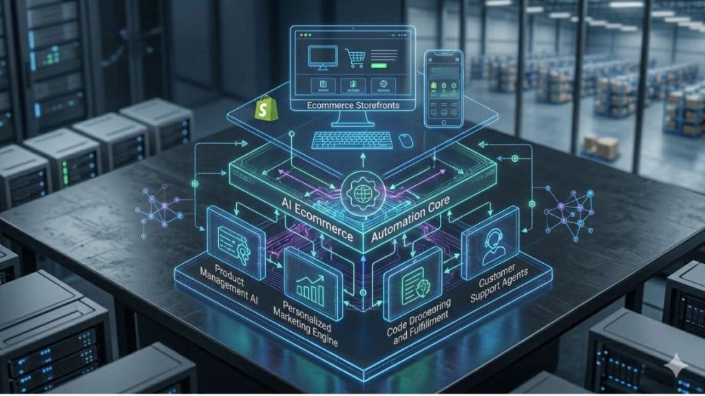 A 3D technical blueprint of an ecommerce automation architecture showing layers of ai ecommerce automation and ai agents ecommerce.