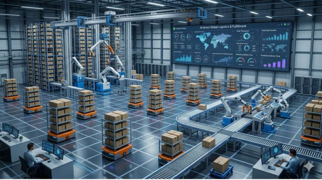 A massive warehouse powered by ai ecommerce automation and shopify automation workflows for high-speed logistics.