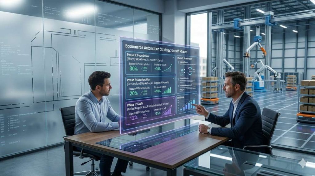Business leaders reviewing an ecommerce automation strategy on a large screen within their ecommerce automation architecture.