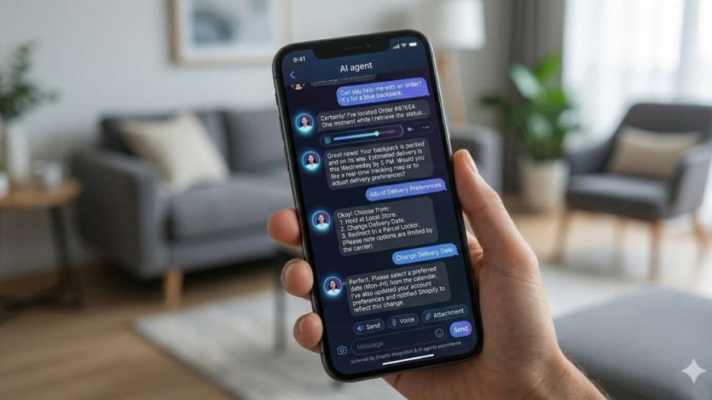 A smartphone screen showing ai agents ecommerce interacting with customers via shopify automation workflows.
