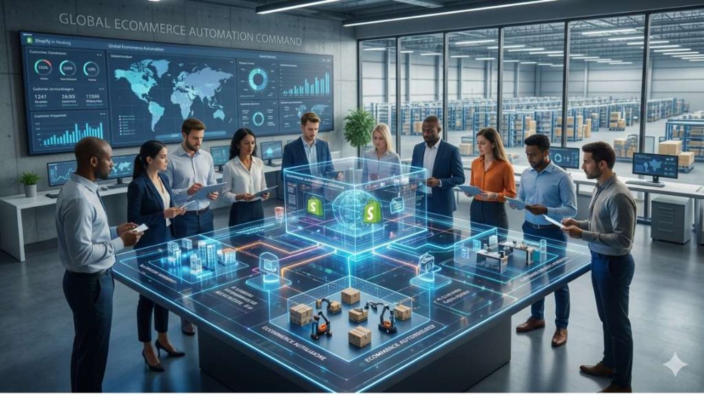 high-tech command center visualizing a complete ecommerce automation architecture with 3D holographic data and AI ecommerce automation systems.