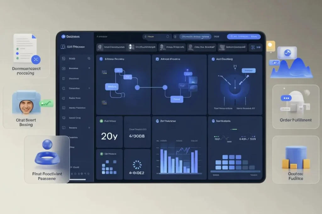 AI business automation for small businesses showing connected workflows and 30-day implementation roadmap