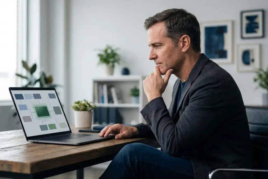 Founder reviewing automation workflow carefully before deciding when not to automate with AI in a small business setting
