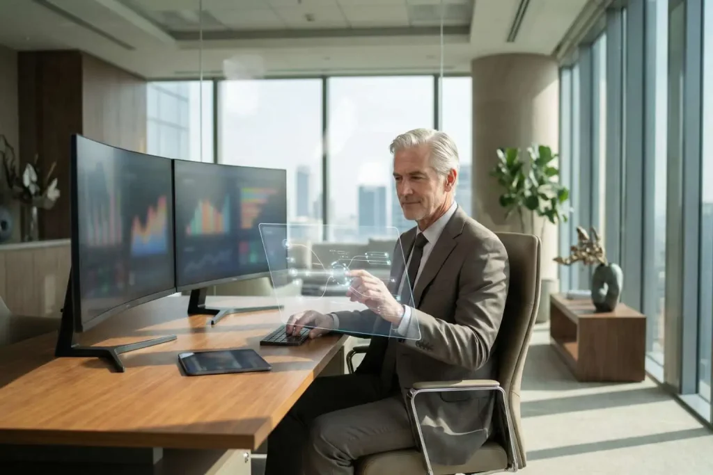 Senior executive reviewing structured AI automation governance dashboards in controlled office setting