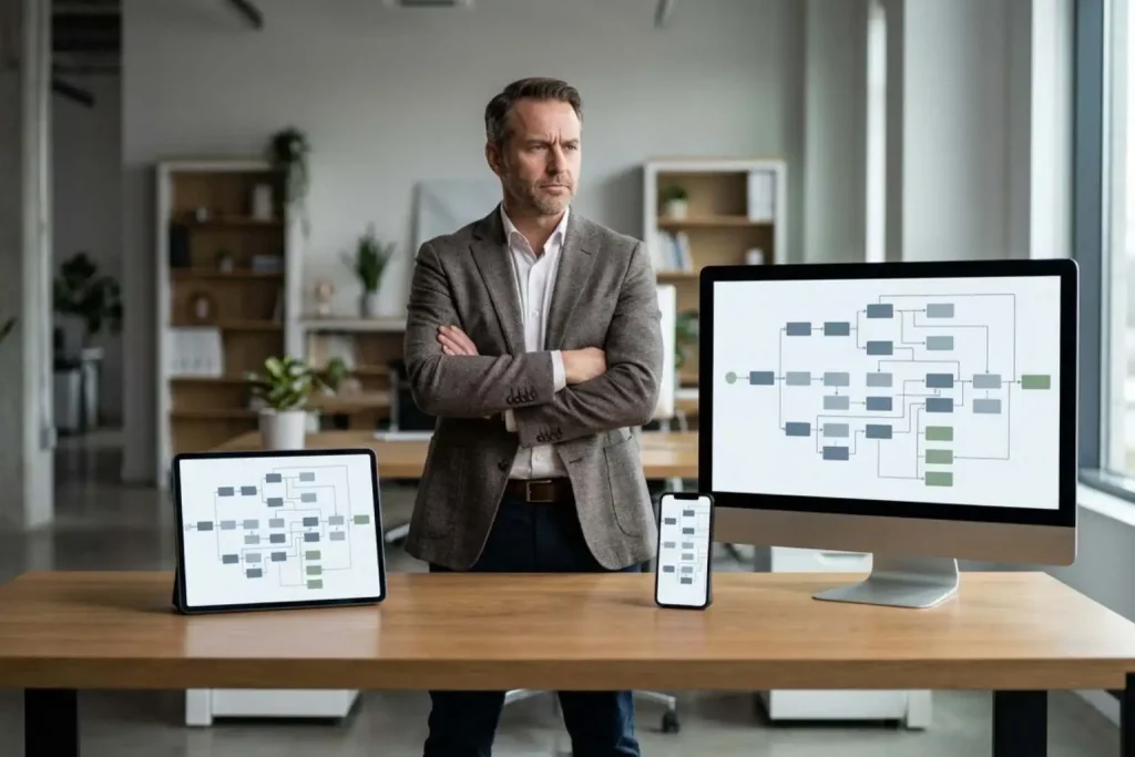 Small business owner reviewing multiple automation dashboards illustrating the risk of over-automation and when not to automate with AI