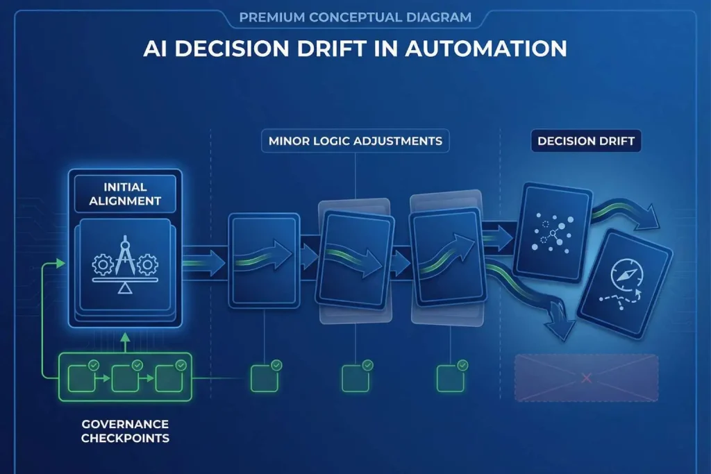 Conceptual diagram showing AI automation system gradually drifting out of alignment