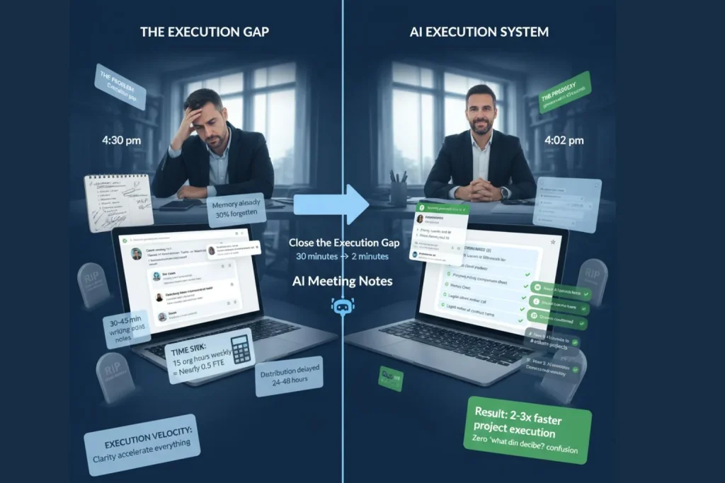 Entrepreneur completing two-minute AI summary review protocol showing step one sixty seconds skimming Fireflies summary verifying decisions, step two thirty seconds adding context why decision made, step three thirty seconds sharing to Slack team with manual distribution maintaining human ownership
