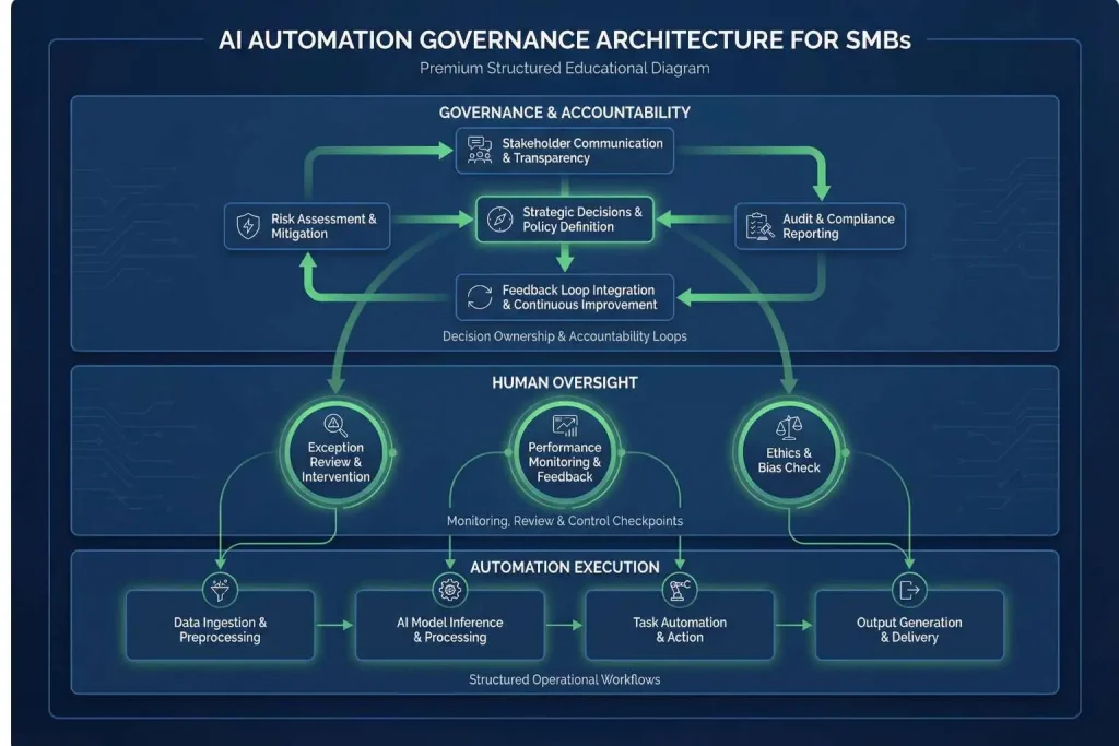 Layered diagram showing automation execution, human oversight, and governance accountability in AI systems