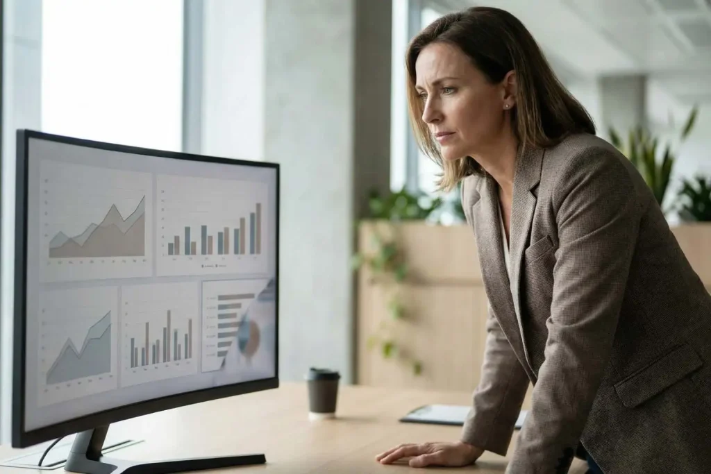 Business executive reviewing analytics dashboard to evaluate data accuracy before deciding when not to automate with AI