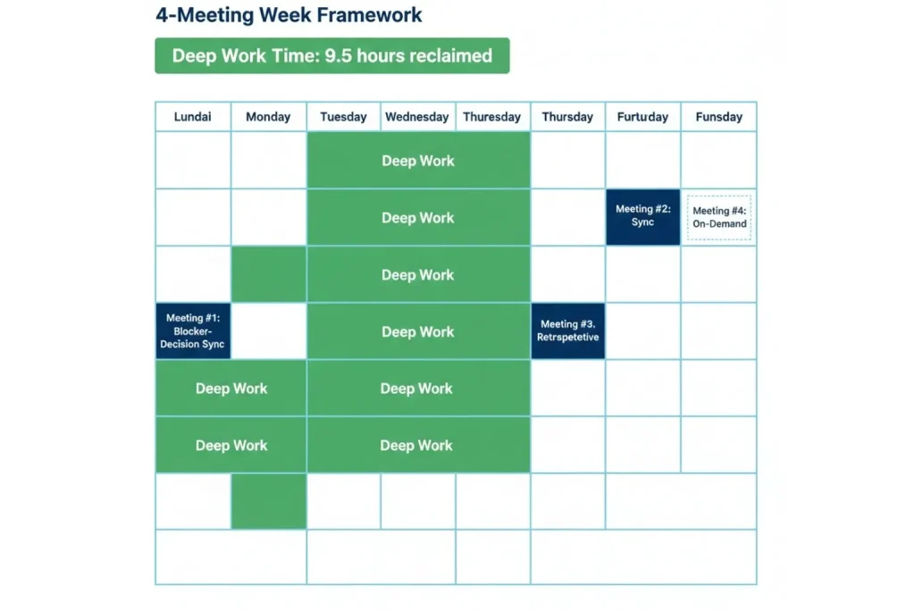 Weekly calendar showing four-meeting week framework with Monday forty-five minute decision sync, Wednesday thirty minute blocker removal, Friday thirty minute retrospective, and on-demand calls with deep work blocks protected