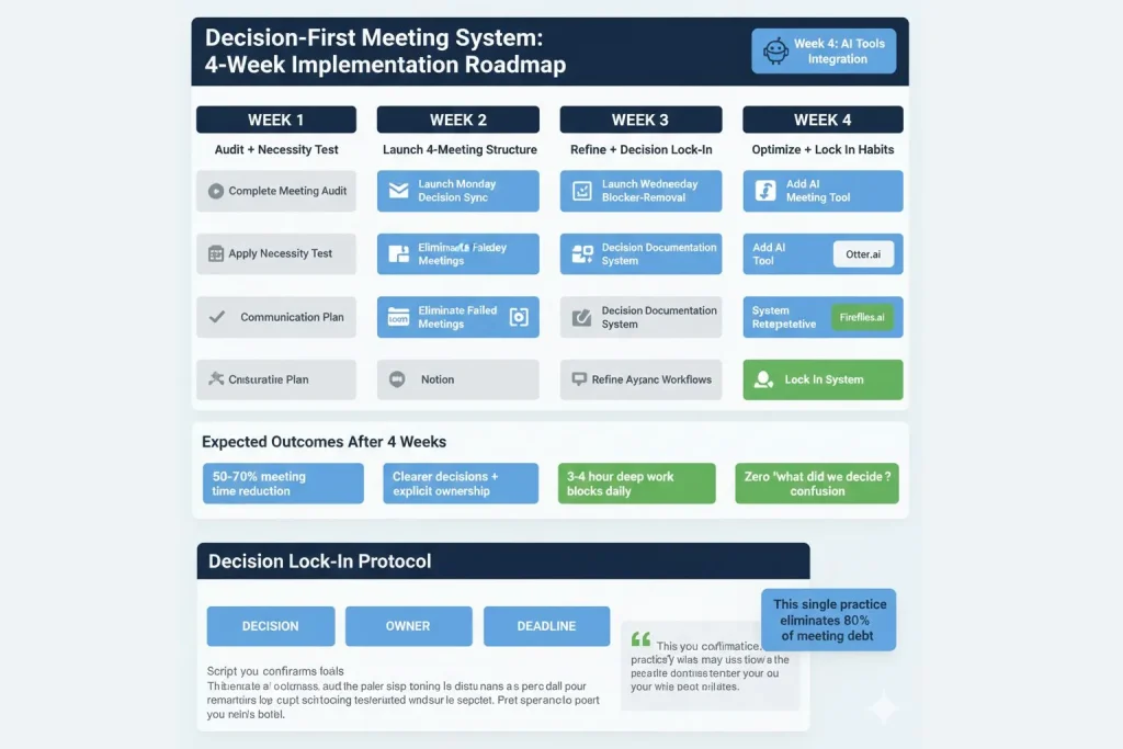 Four-week implementation roadmap showing week one meeting audit and necessity test, week two four-meeting structure launch with Loom and Notion async setup, week three decision lock-in protocol with Notion database, week four AI tools Otter and Fireflies optimization with expected fifty to seventy percent meeting reduction outcome