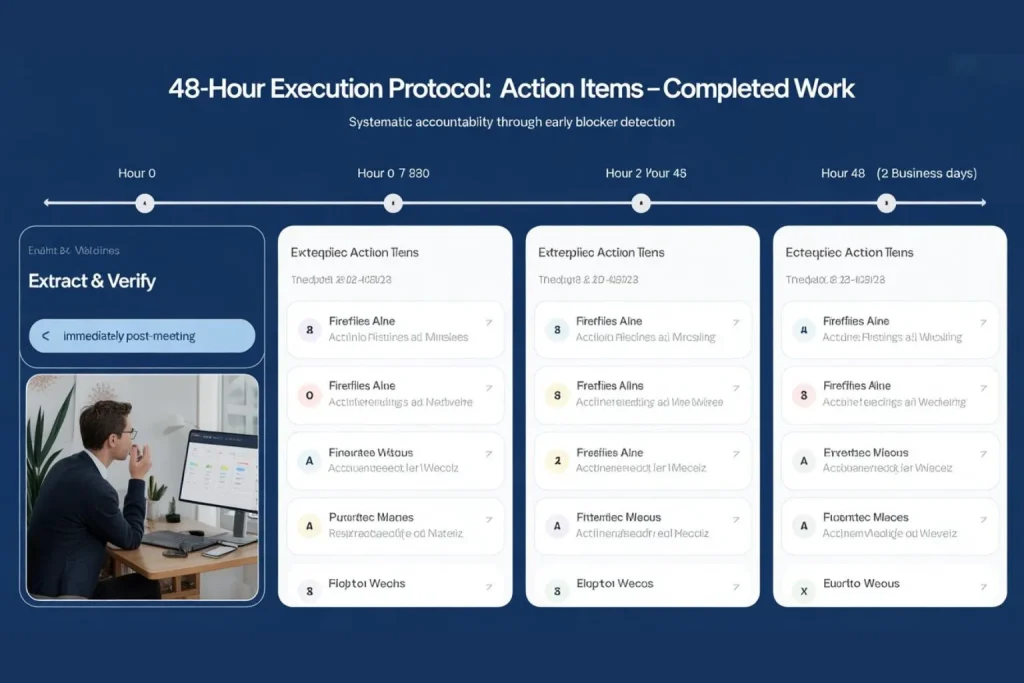 Four-stage forty-eight hour execution protocol timeline showing hour zero AI extracts action items with owners, hour two manual Slack distribution tagging team members, hour twenty-four owners confirm receipt with emoji reactions, hour forty-eight async progress check-in offering help creating systematic accountability without micromanagement
