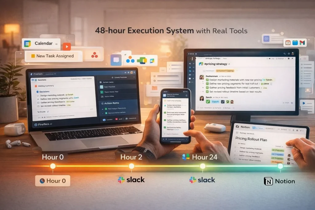Timeline infographic showing 48-hour execution protocol from Fireflies action items at hour zero to Slack confirmations and Notion progress tracking at hour forty-eight
