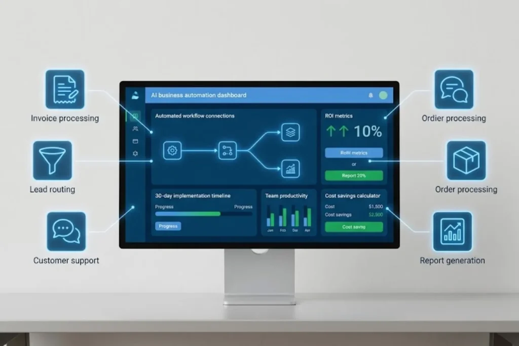 AI business automation for small businesses showing connected workflows and 30-day implementation roadmap