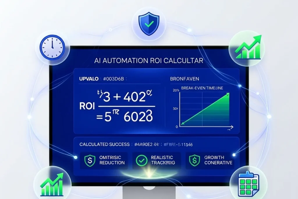AI automation ROI calculator framework showing 3-component formula and break-even timeline for small businesses
