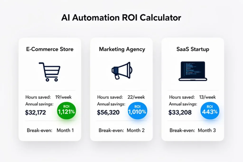 AI automation ROI calculator case studies showing 443% to 1121% returns for three small businesses