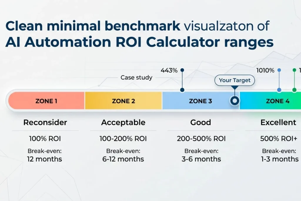 AI automation ROI calculator benchmarks showing excellent good acceptable ranges for small business automation