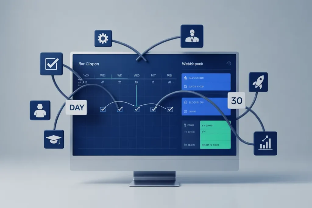 AI automation implementation checklist showing 30-day week-by-week deployment plan for small businesses