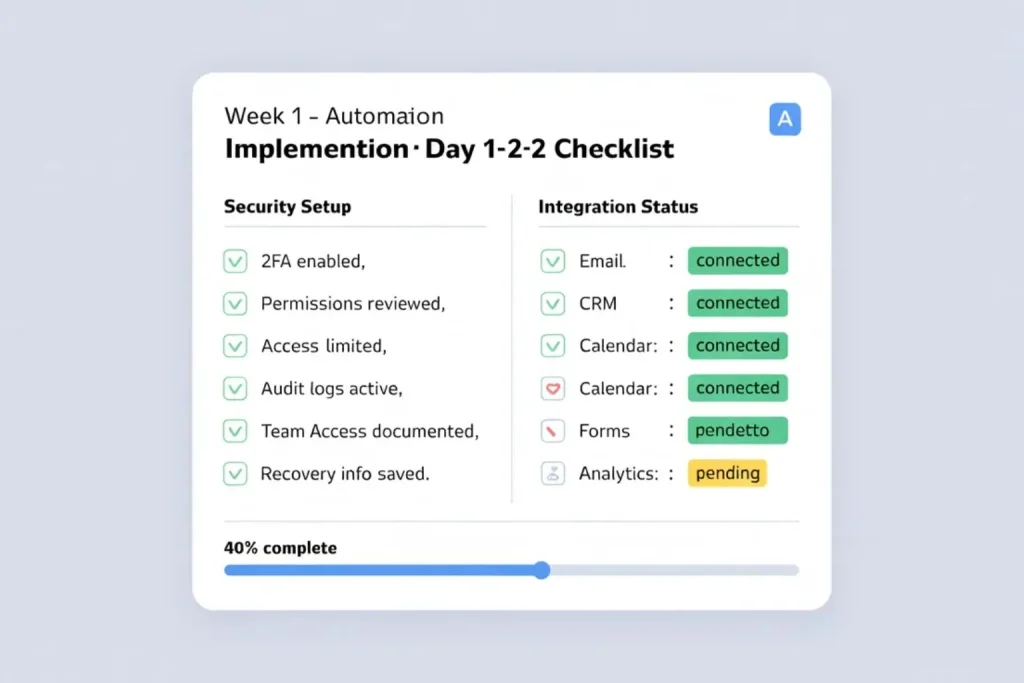 AI automation implementation checklist week 1 security setup and integration configuration for small businesses