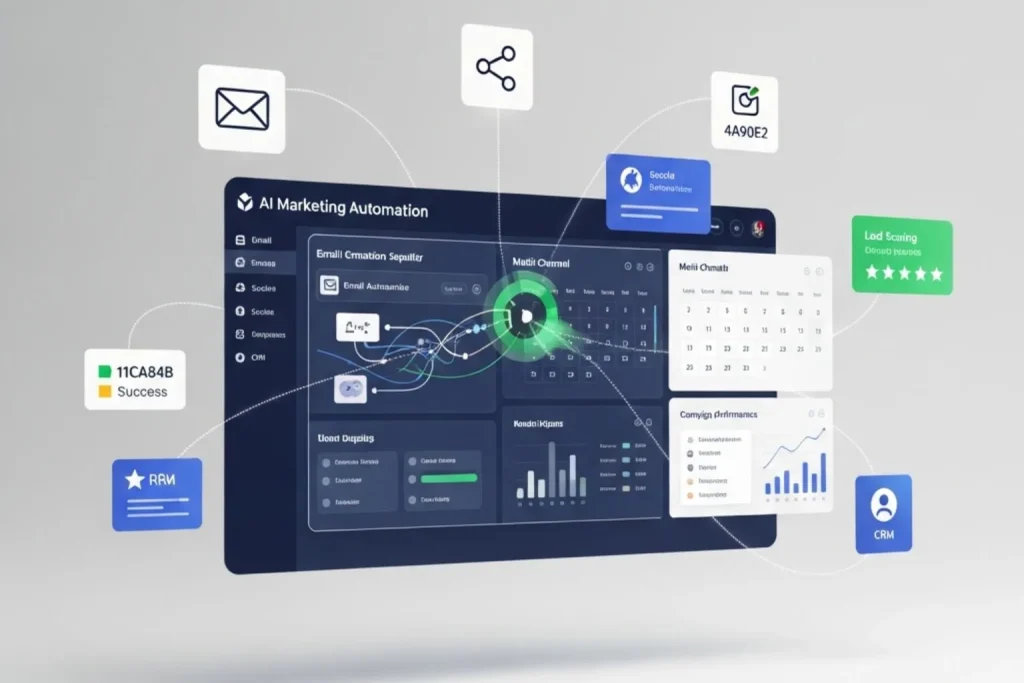 AI marketing automation for small businesses 4-phase framework showing email social lead generation and analytics