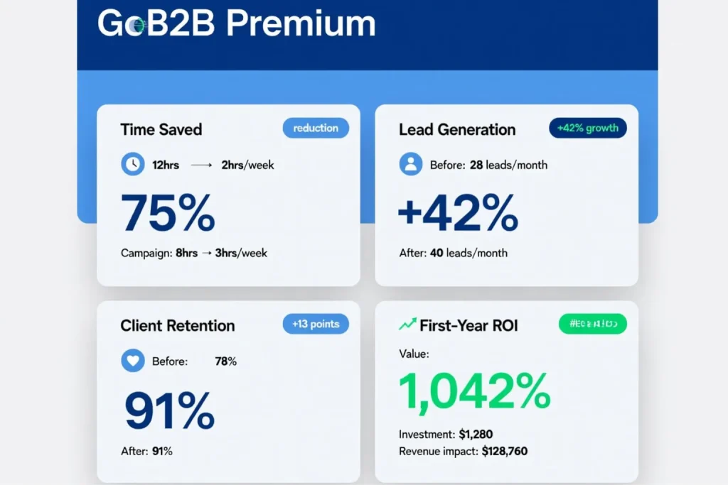 AI marketing automation for small businesses ROI dashboard showing 1042% return and marketing agency results