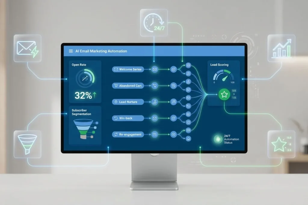 AI email marketing automation dashboard showing 5 automated workflows and lead generation metrics for small businesses