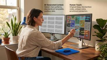 Woman comparing AI-generated content and human creativity on dual screens