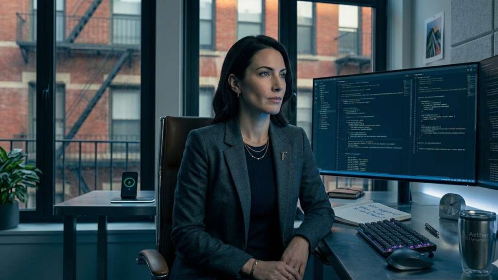 Businesswoman reflecting on when to use ai agents strategy in a cold-lit New York office.