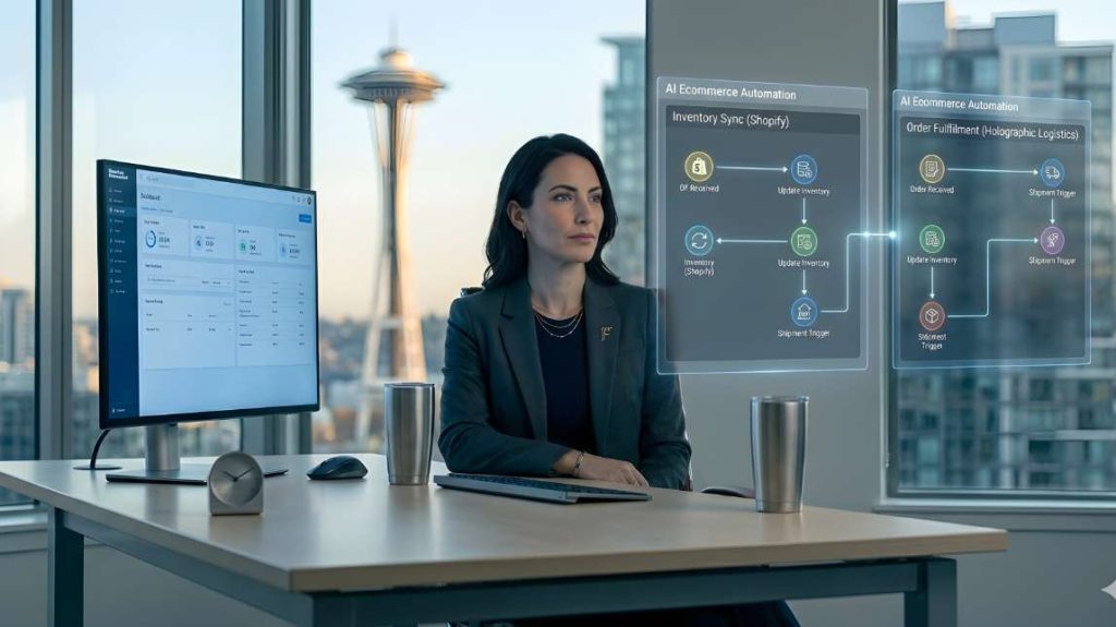 Holographic ai ecommerce automation interface connecting sales and inventory in a Seattle high-rise office.
