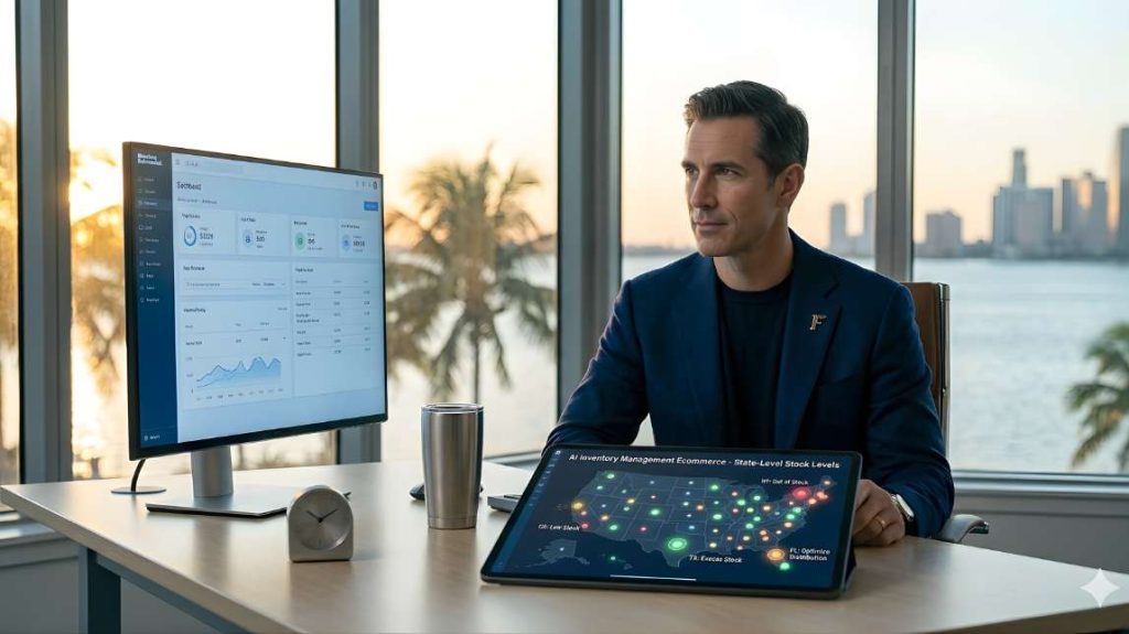 Dashboard showing ai inventory management ecommerce stock distribution across a US map on a tablet in Miami.