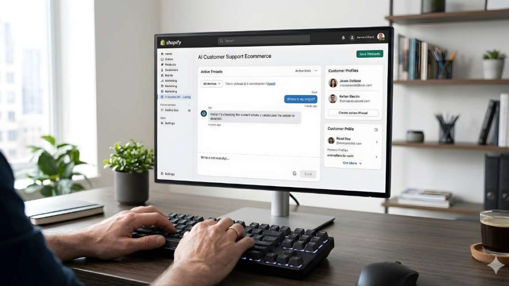 Close-up of hands configuring ai customer support ecommerce chatbot within a Shopify admin interface.