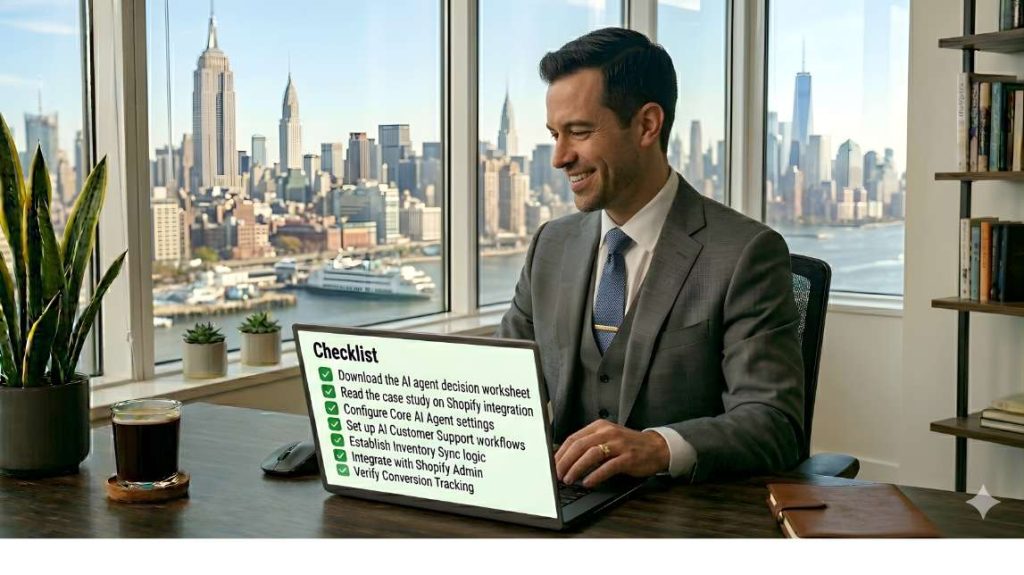 Professional holding a success checklist for the deployment of an ai agent ecommerce in a Seattle office.
