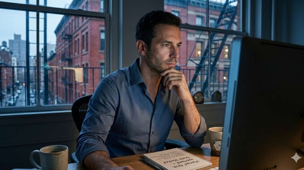 Entrepreneur struggling with manual tasks and unoptimized ecommerce workflow automation in a New York loft.