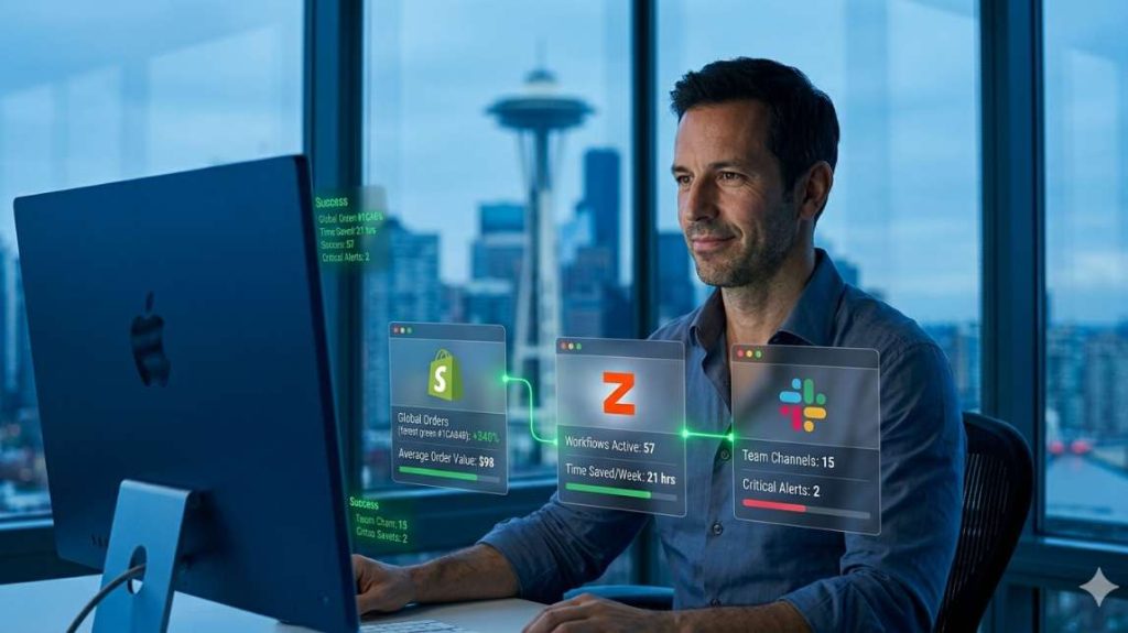 Visual workflow showing zapier ecommerce automation connecting Shopify to Slack and Google Sheets.