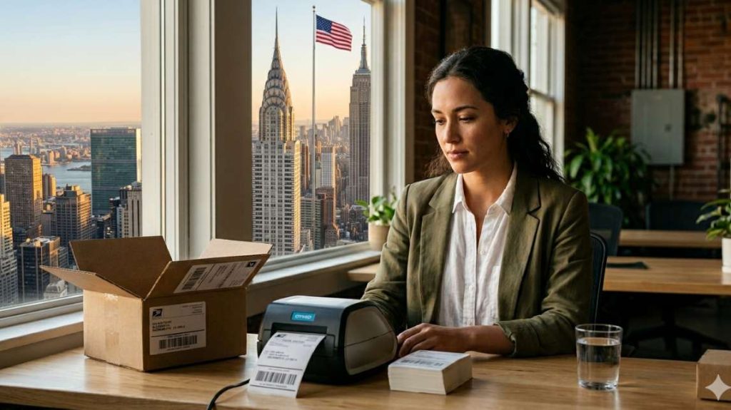US-based small business owner using ecommerce automation tools to manage shipping labels in California.