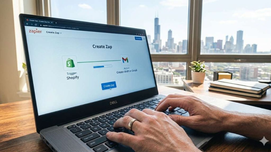 Close-up of a user configuring shopify automation tools via Zapier to send automated order tracking emails.
