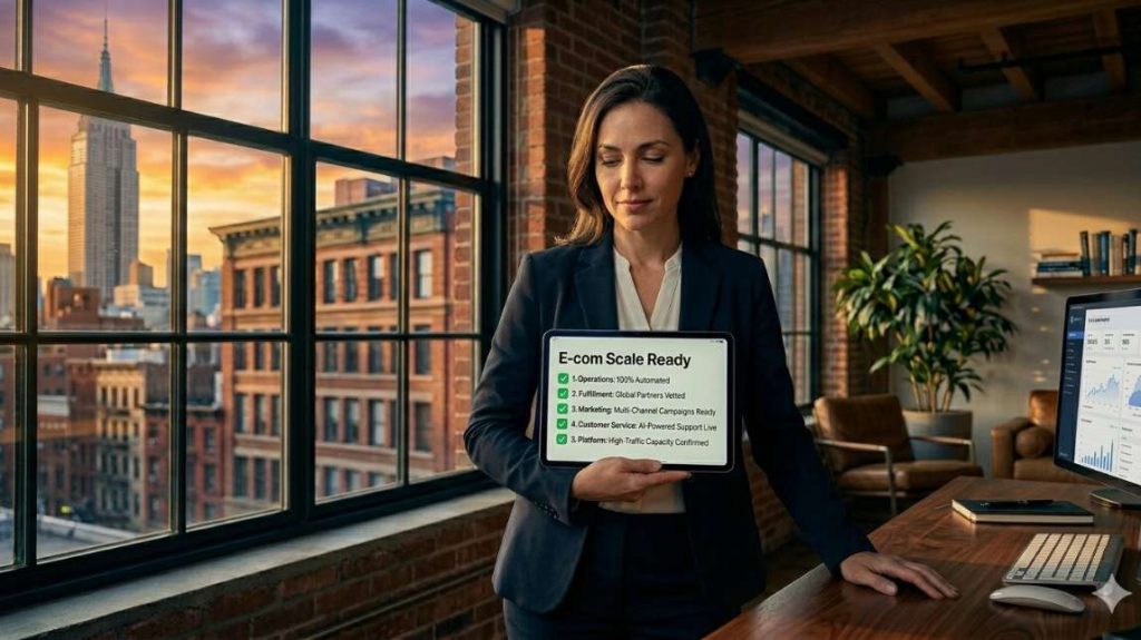  Entrepreneur holding a tablet with a checklist of no code ecommerce tools successfully implemented.