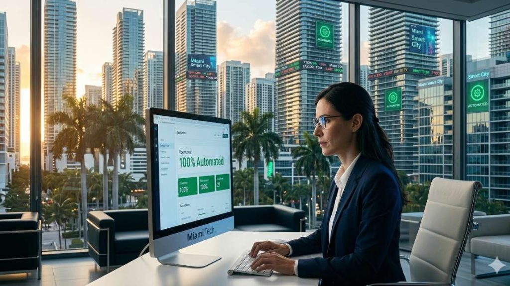 Female entrepreneur managing a no code automation ecommerce dashboard in a Miami executive office.